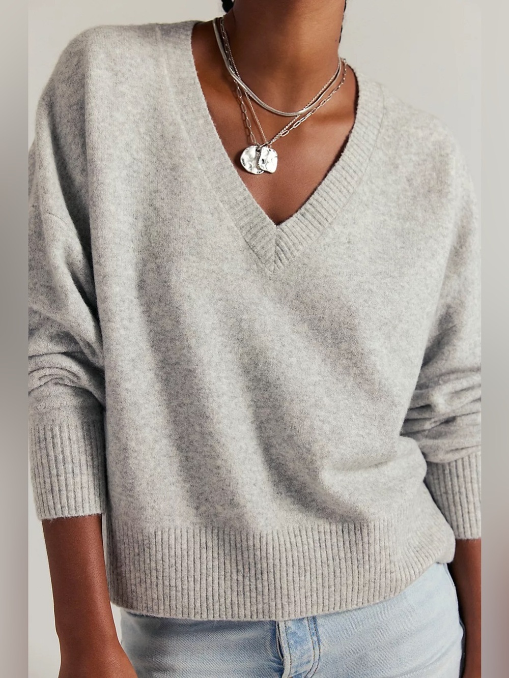 Free People V- Neck Cashmere Sweater Light Gray M NWOT